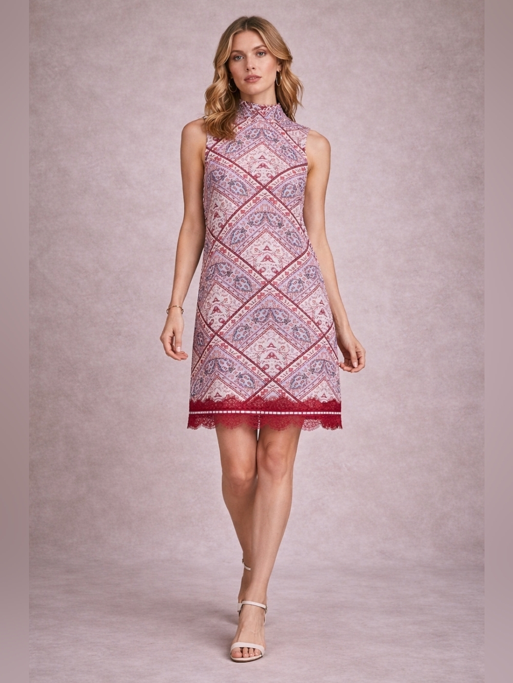 Refashioned Geometric Print Mini Shift Dress with Lace Hem